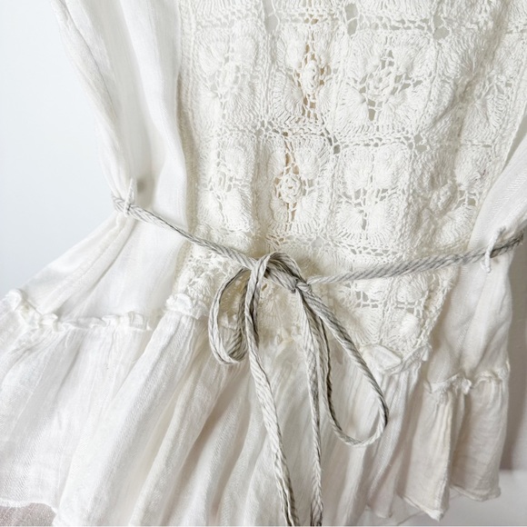 Free People White Sheer Crochet Knit Gauze Button Down Rope Tie Size Large - Picture 6 of 7